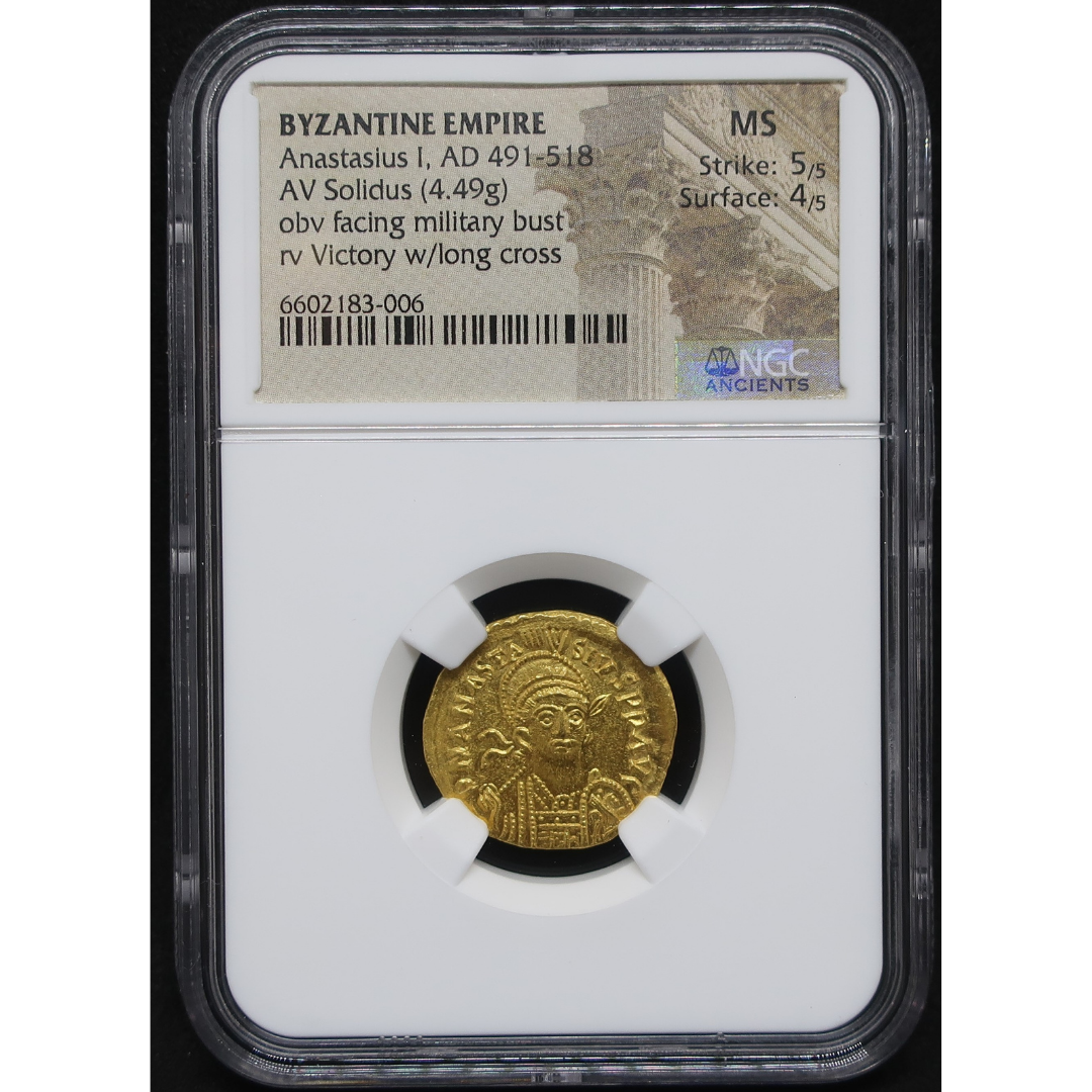 AD491-518 ビザンツ帝国 ソリダス金貨 アナスタシウス MS5/5-4/5 NGC
