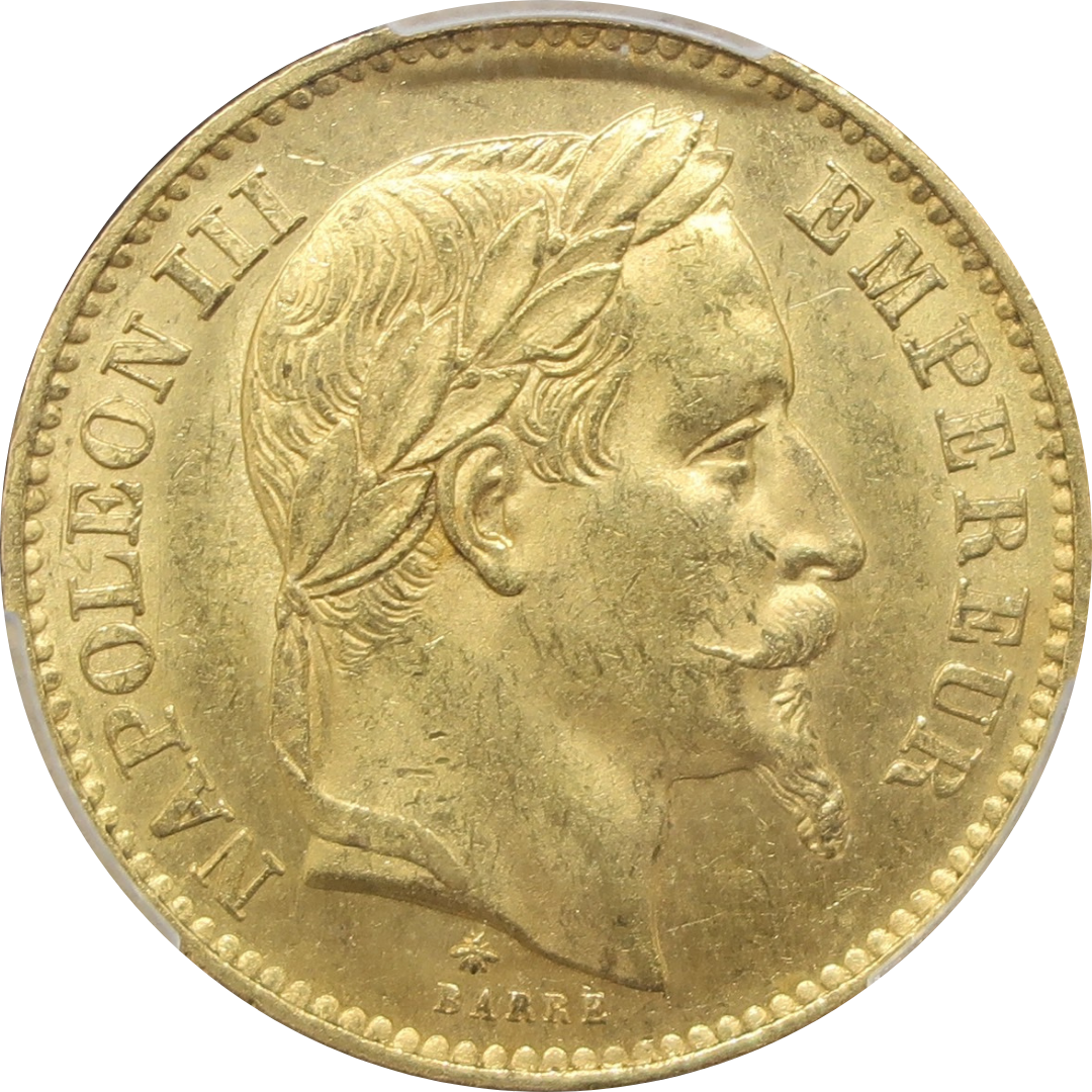 1868A フランス 20フラン金貨 ナポレオン3世 有冠 MS64 PCGS