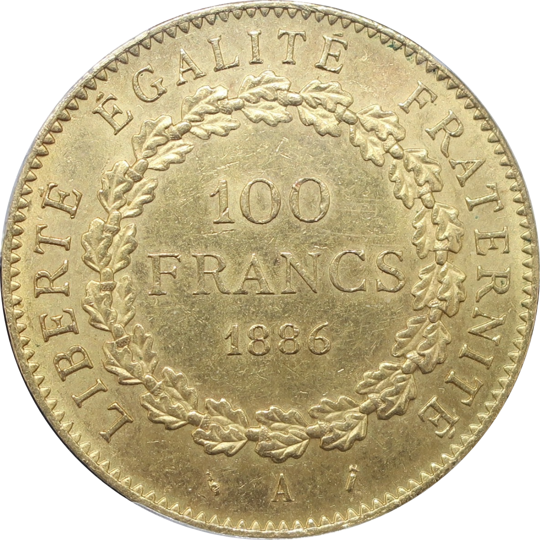 【幸運を運ぶ守護天使】1886A フランス 100フラン金貨 エンジェル金貨 MS64 PCGS