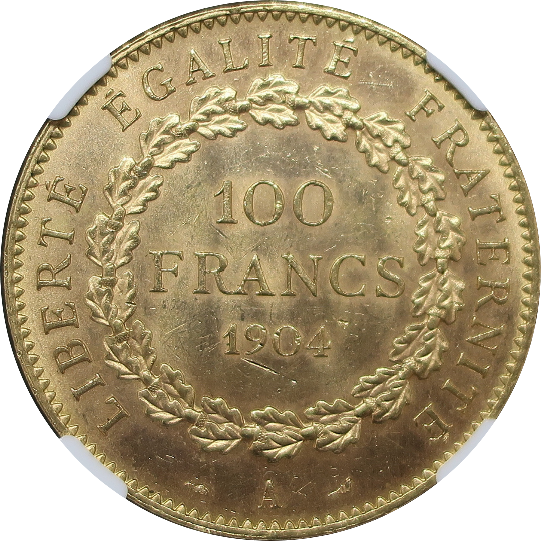【幸運を運ぶ守護天使】1904A フランス 100フラン金貨 エンジェル金貨 MS62 NGC