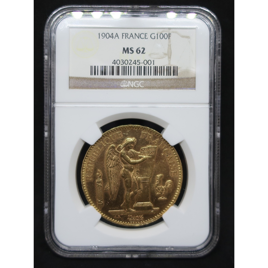 【幸運を運ぶ守護天使】1904A フランス 100フラン金貨 エンジェル金貨 MS62 NGC