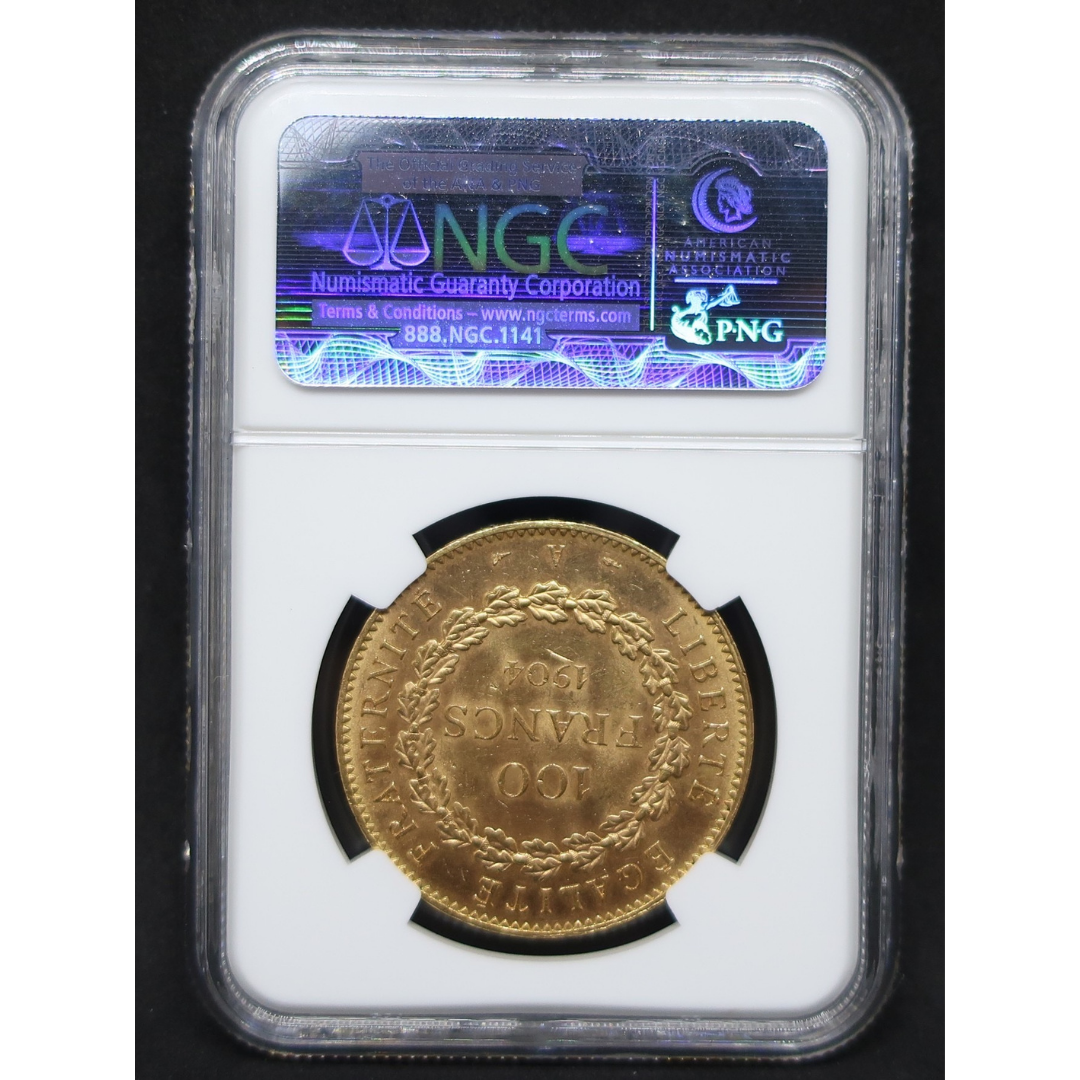 【幸運を運ぶ守護天使】1904A フランス 100フラン金貨 エンジェル金貨 MS62 NGC