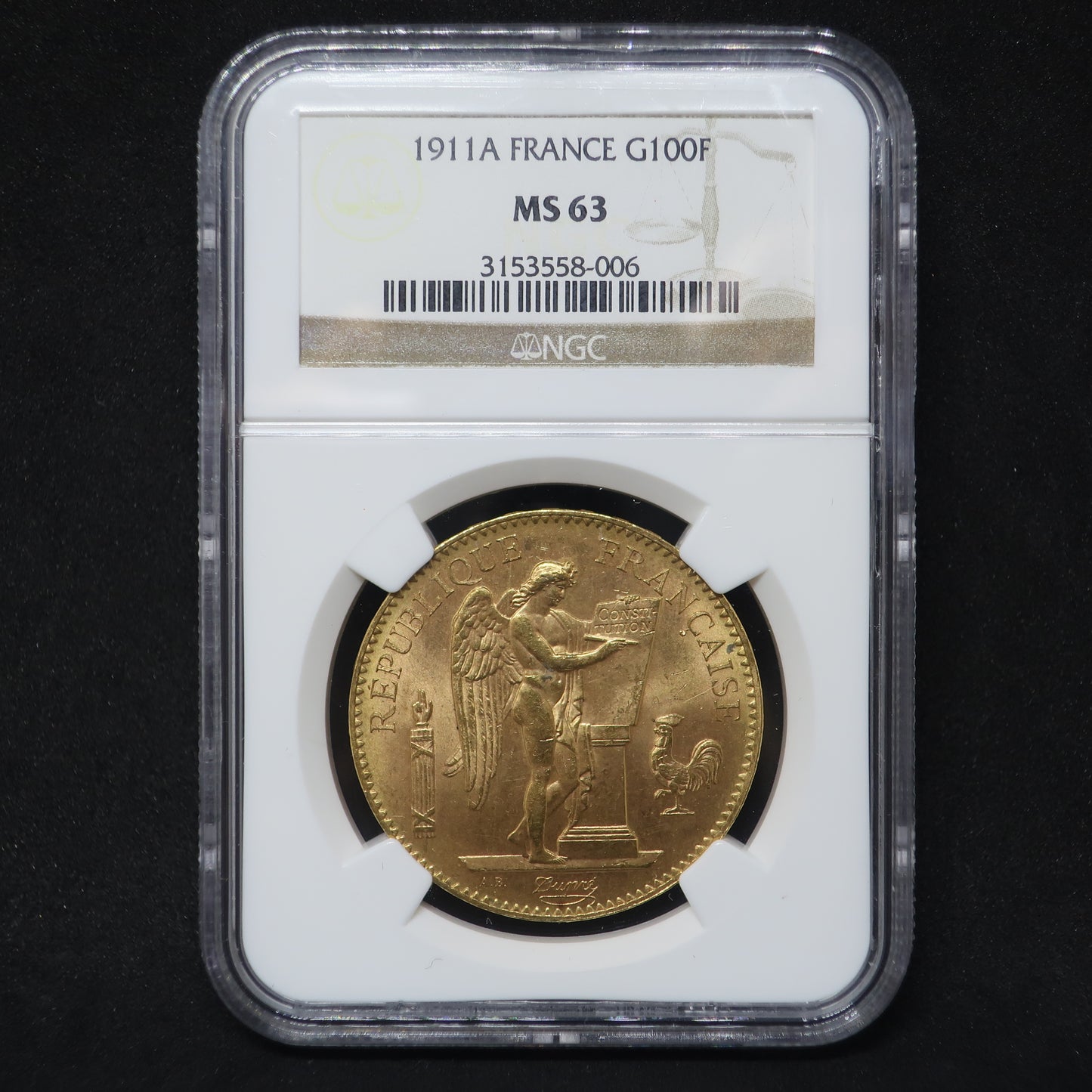 【幸運を運ぶ守護天使】1911A フランス 100フラン金貨 エンジェル金貨 MS63 NGC - CoinBlessing(コインブレッシング)
