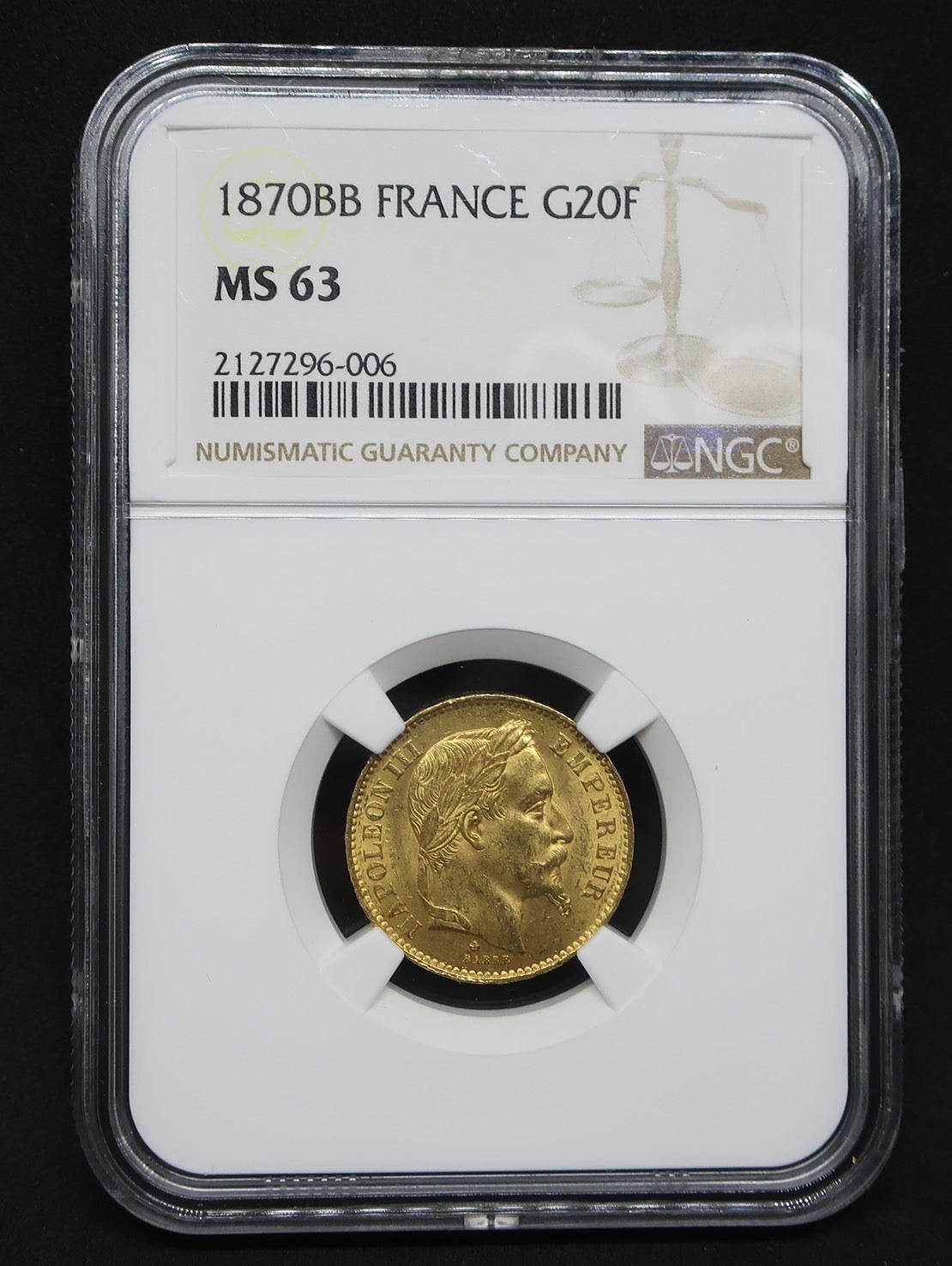1870BB フランス 20フラン金貨 ナポレオン3世 有冠 MS63 NGC - CoinBlessing(コインブレッシング)