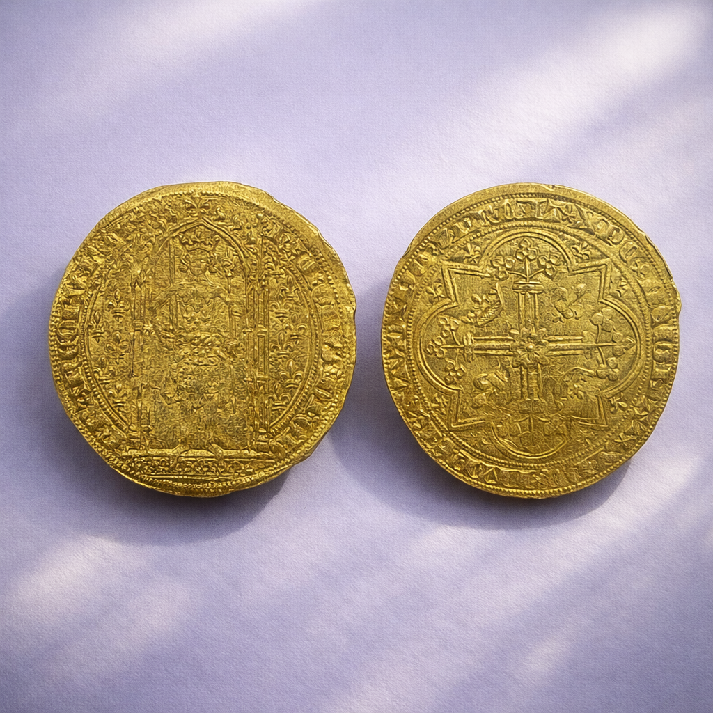 フランス フランカピエ金貨 シャルル5世 表裏並列 王像と花十字の意匠