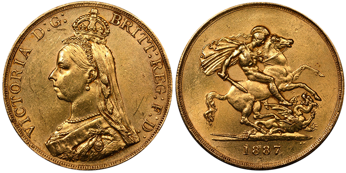 コインの偽物判別：1887 イギリス 5ソブリン金貨 ジュビリーヘッド