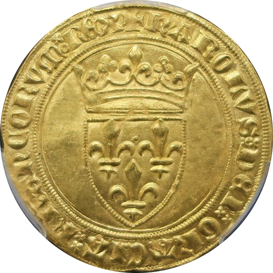 1380-1422 フランス エキュドール金貨 シャルル6世 MS63 PCGS鑑定済み — 表面切り抜き（冠付フランス王家盾紋章・百合の花）