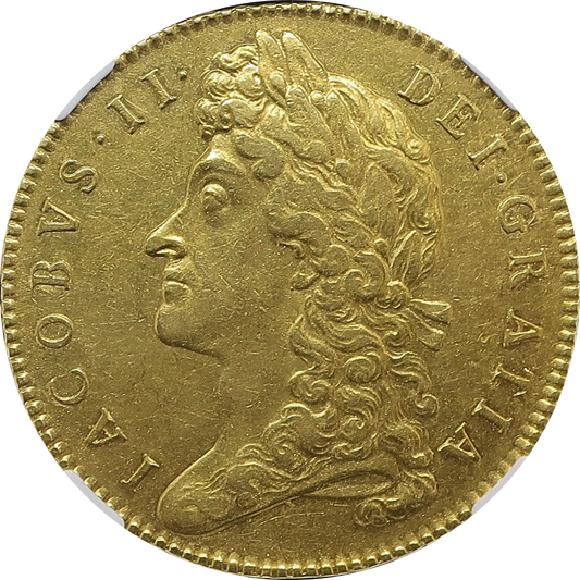 1688 イングランド ジェームズ2世 5ギニー金貨 AU55 NGC鑑定済み — 表面切り抜き（月桂冠を戴いた王の胸像）