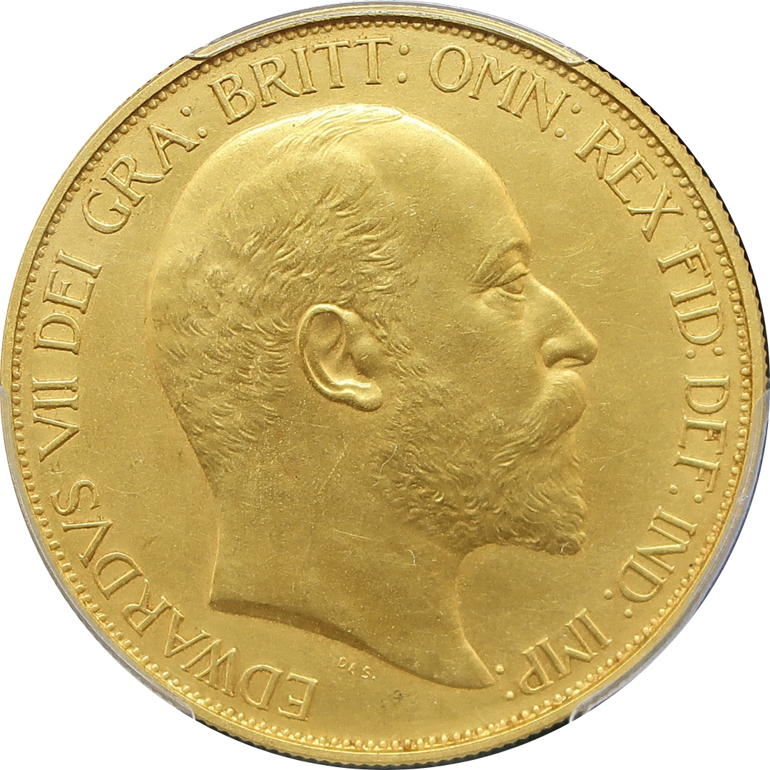 1902 イギリス 5ポンド金貨 エドワード7世 マット・プルーフ PCGS PR62 表面（エドワード7世肖像）