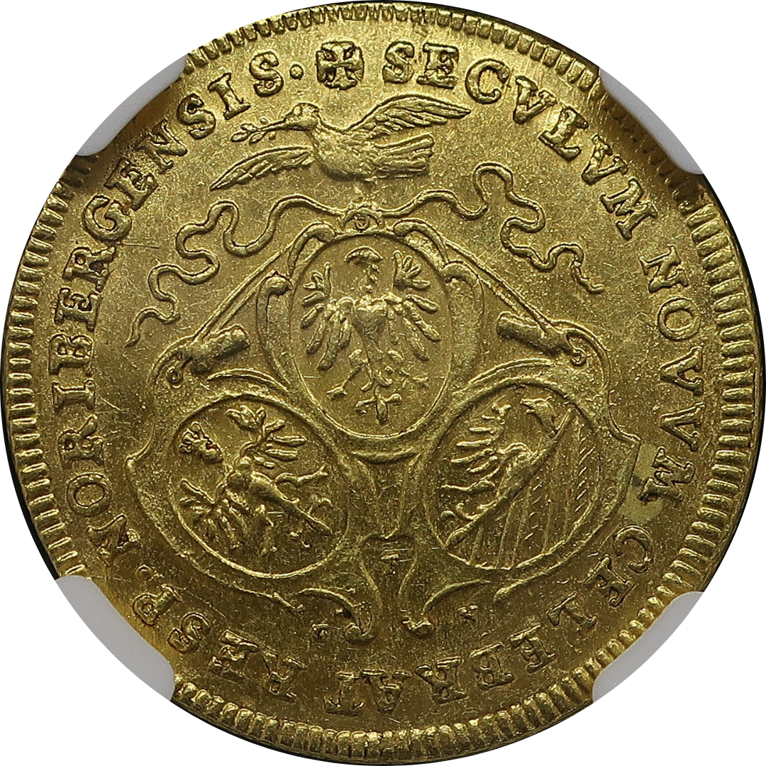 1700年銘 ニュルンベルク ラムダカット金貨 表面（三紋章と鳩、背景透過）