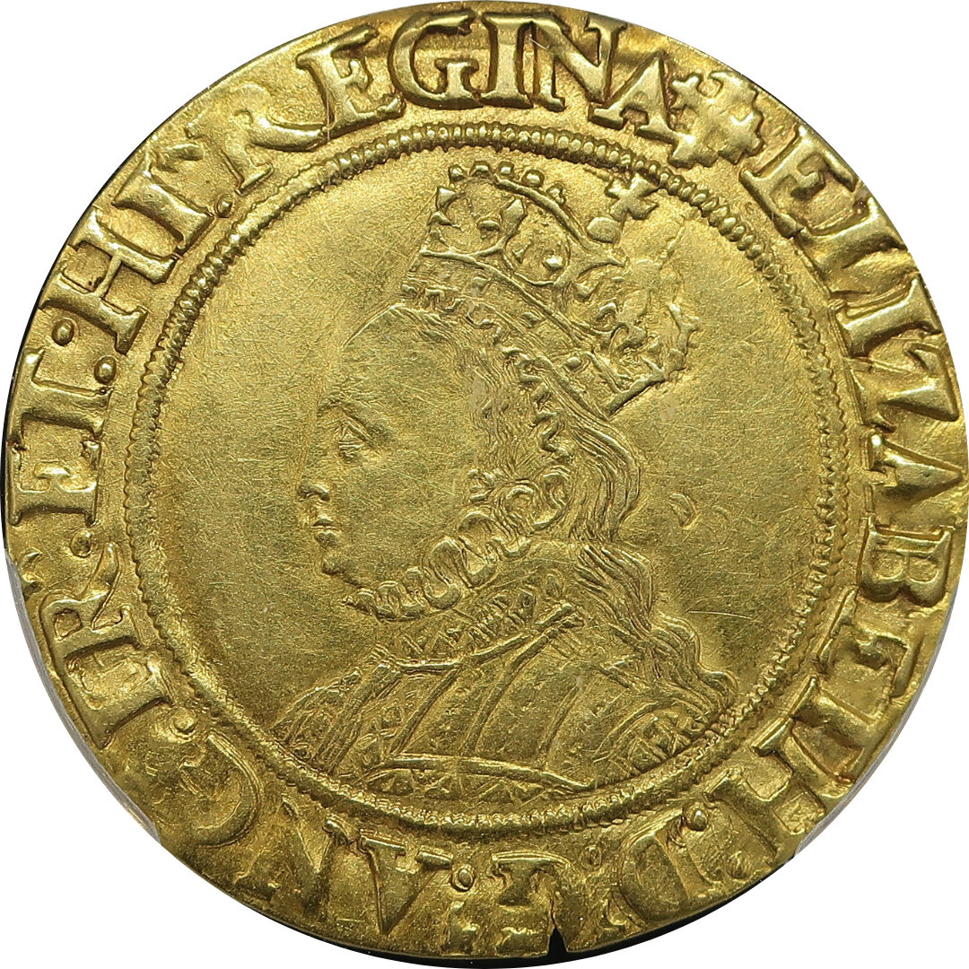 1560-61 イギリス エリザベス1世 ハーフポンド金貨 AU55 PCGS鑑定済み — 表面切り抜き（戴冠胸像とラフカラー）