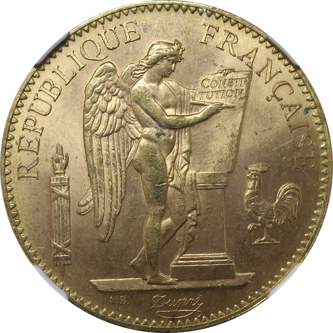 1911A フランス 100フラン金貨 第三共和政 Génie 型 表面（背景透過）