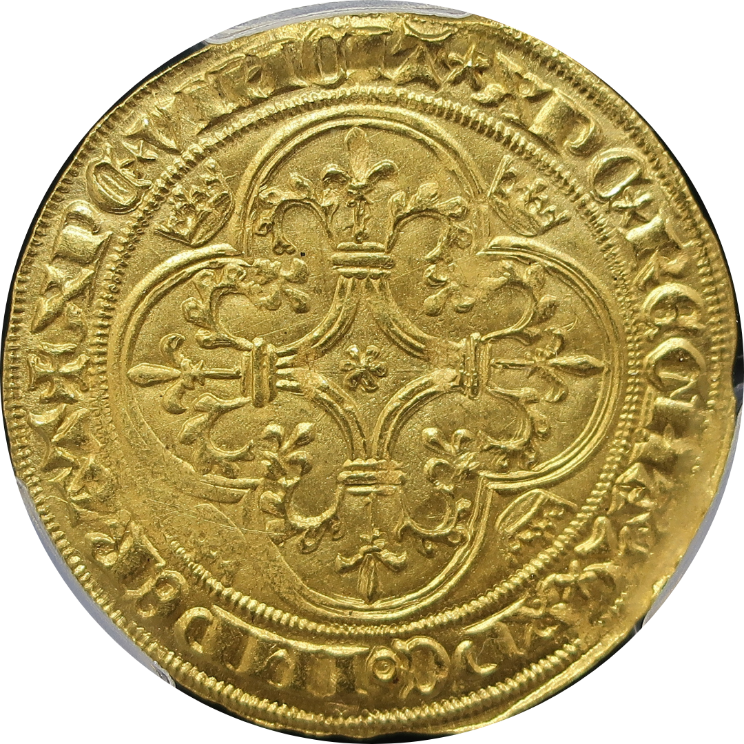 1380-1422 フランス エキュドール金貨 シャルル6世 MS63 PCGS鑑定済み — 裏面切り抜き（四葉形枠の花飾り十字架）