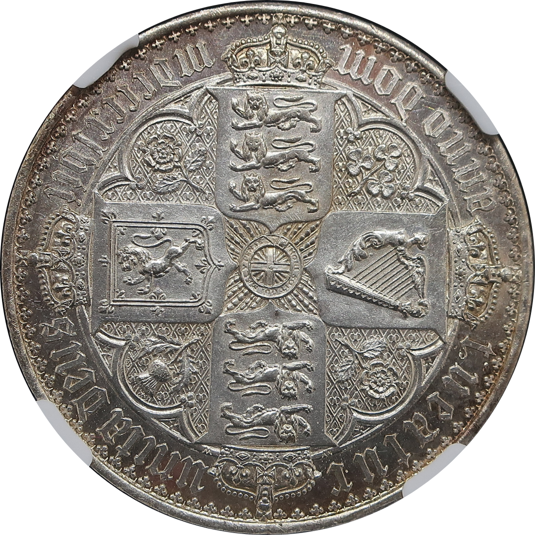 1847年 イギリス ヴィクトリア女王 ゴシッククラウン銀貨 裏面（十字形に配した紋章）