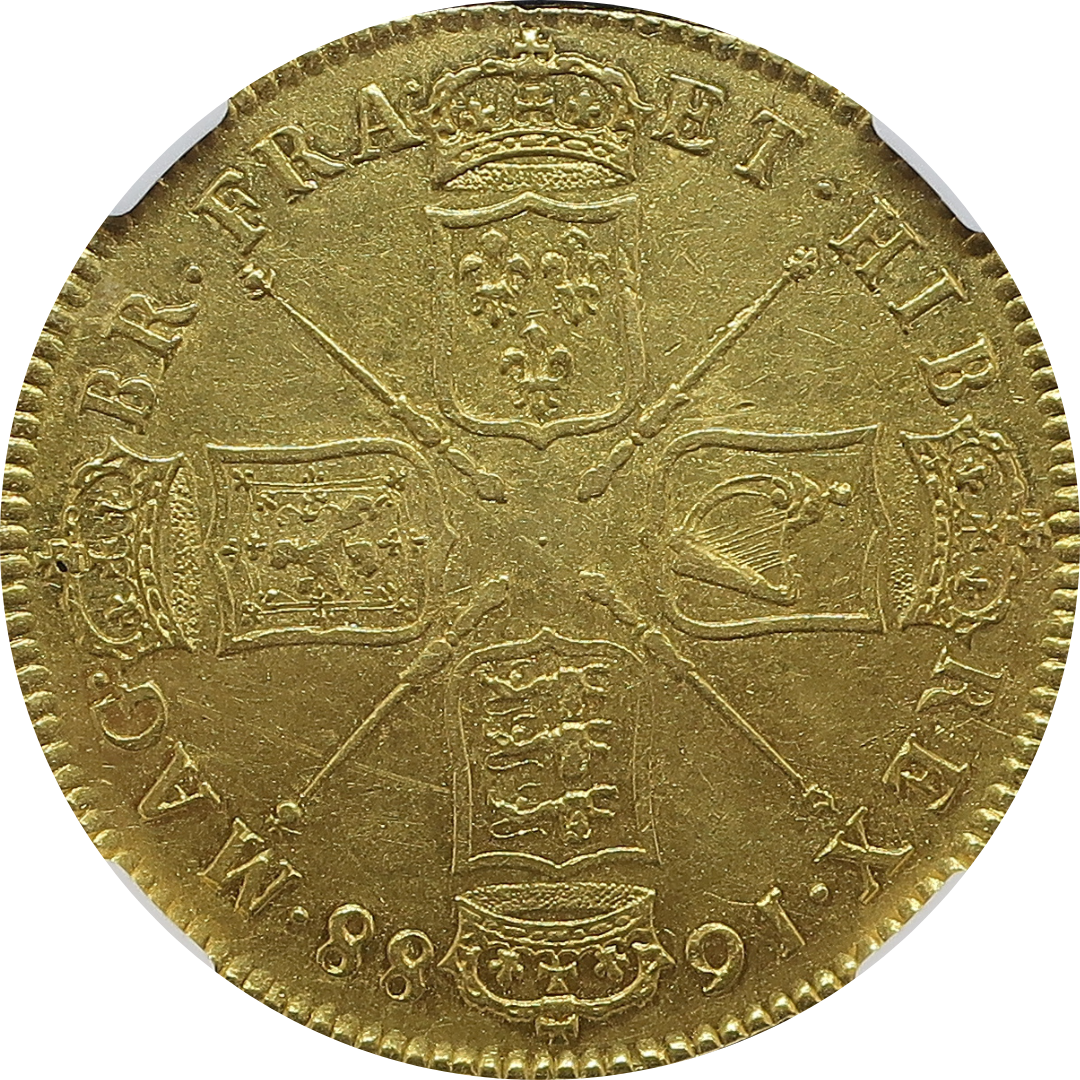 1688 イングランド ジェームズ2世 5ギニー金貨 AU55 NGC鑑定済み — 裏面切り抜き（戴冠された四盾紋章）