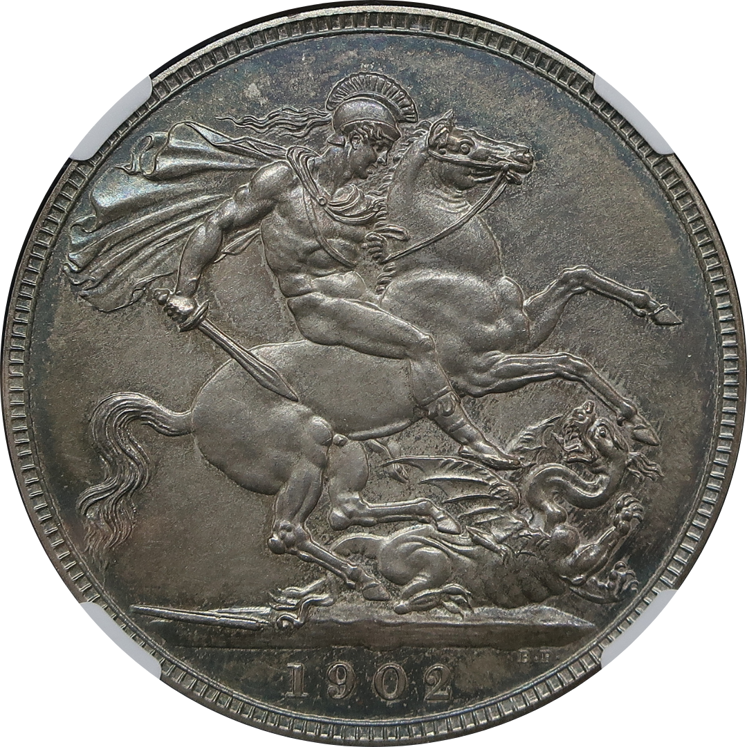 1902 イギリス クラウン銀貨 エドワード7世 マット・プルーフ NGC PF64 裏面（聖ジョージと竜）