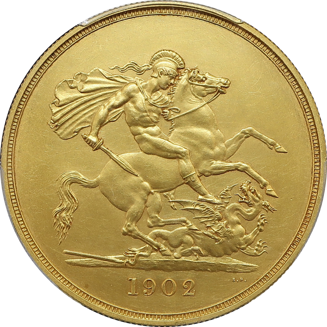 1902 イギリス 5ポンド金貨 エドワード7世 マット・プルーフ PCGS PR62 裏面（聖ジョージと竜）