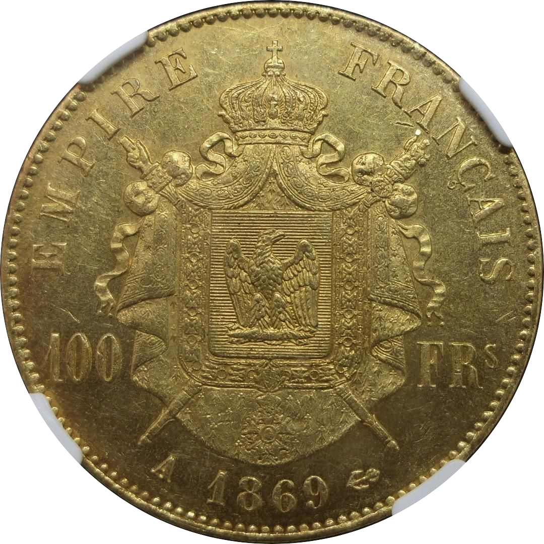 1869A フランス 100フラン金貨 紋章・100 FRS 裏面（背景透過）