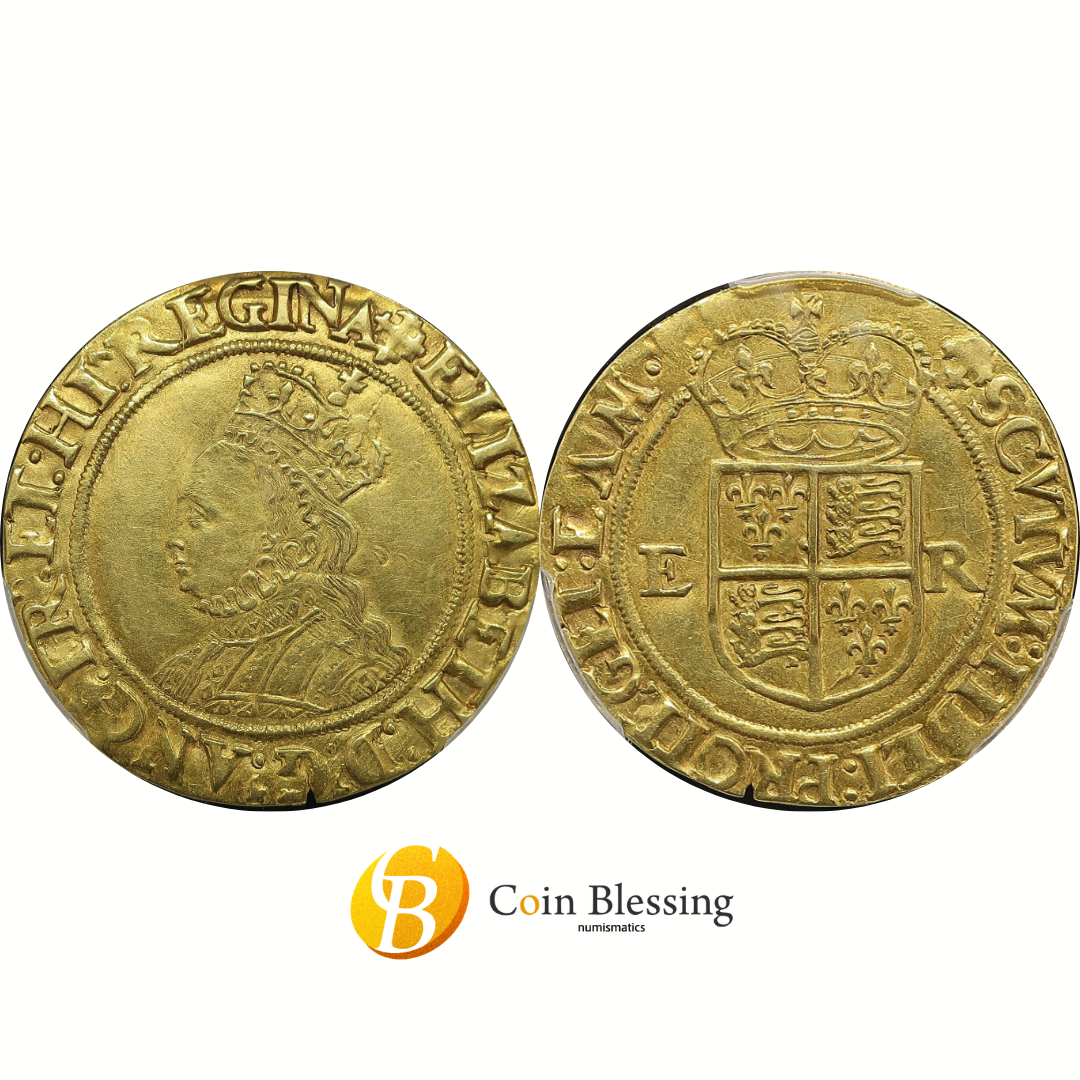 1560-61 イギリス エリザベス1世 ハーフポンド金貨 AU55 PCGS鑑定済み — 表裏並列 ／ CoinBlessing