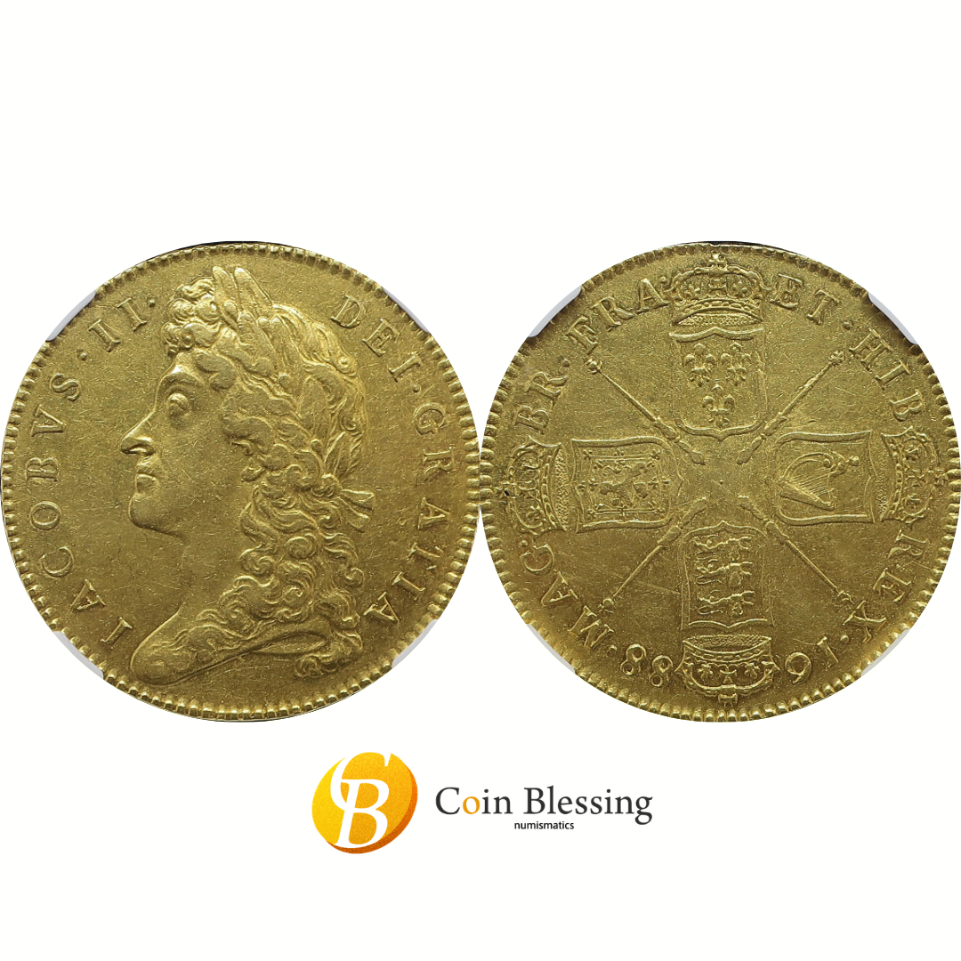 1688 イングランド ジェームズ2世 5ギニー金貨 AU55 NGC鑑定済み — 表裏並列 ／ CoinBlessing