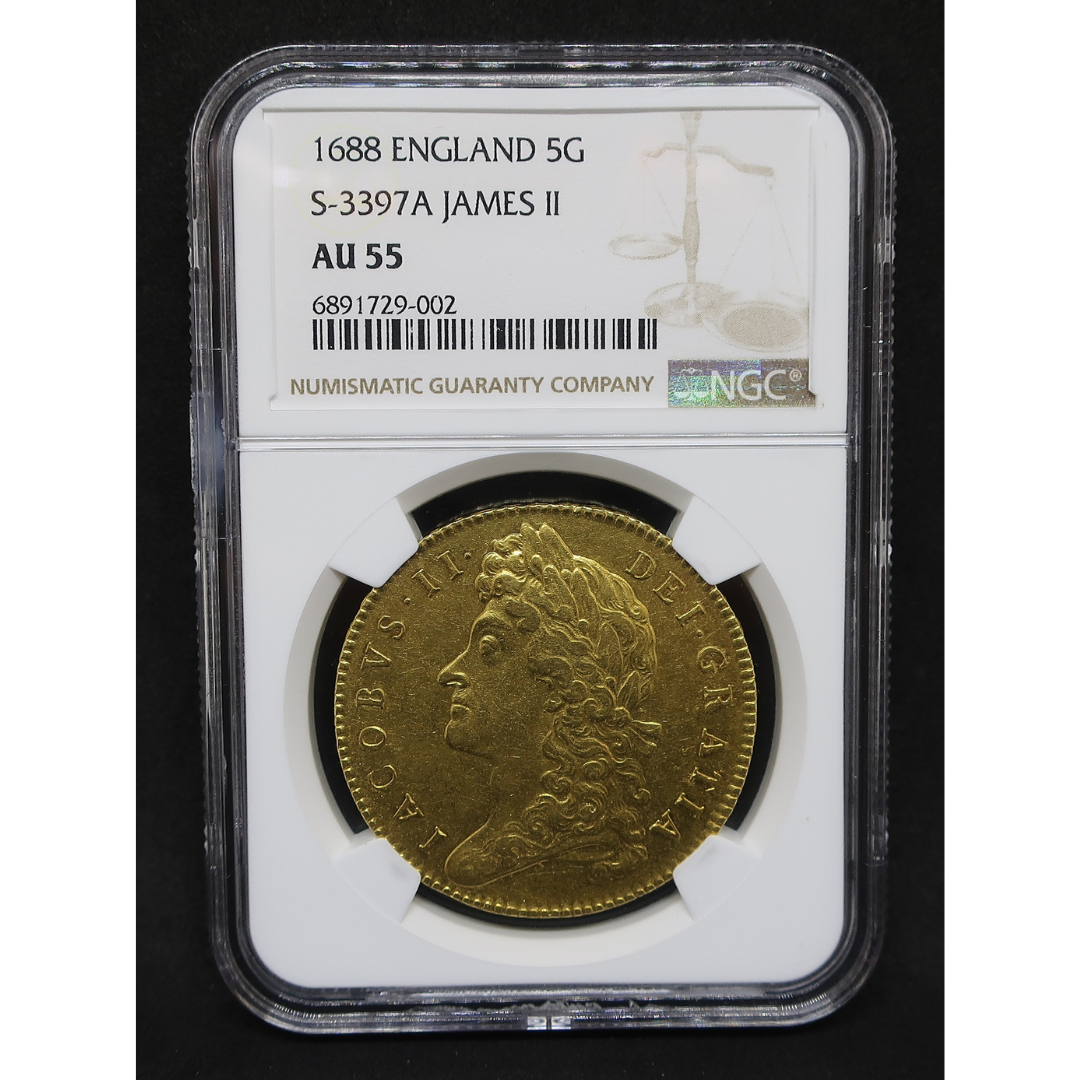 NGC スラブ ラベル正面 — 1688 ENGLAND 5G / S-3397A JAMES II / AU 55 / Cert 6891729-002