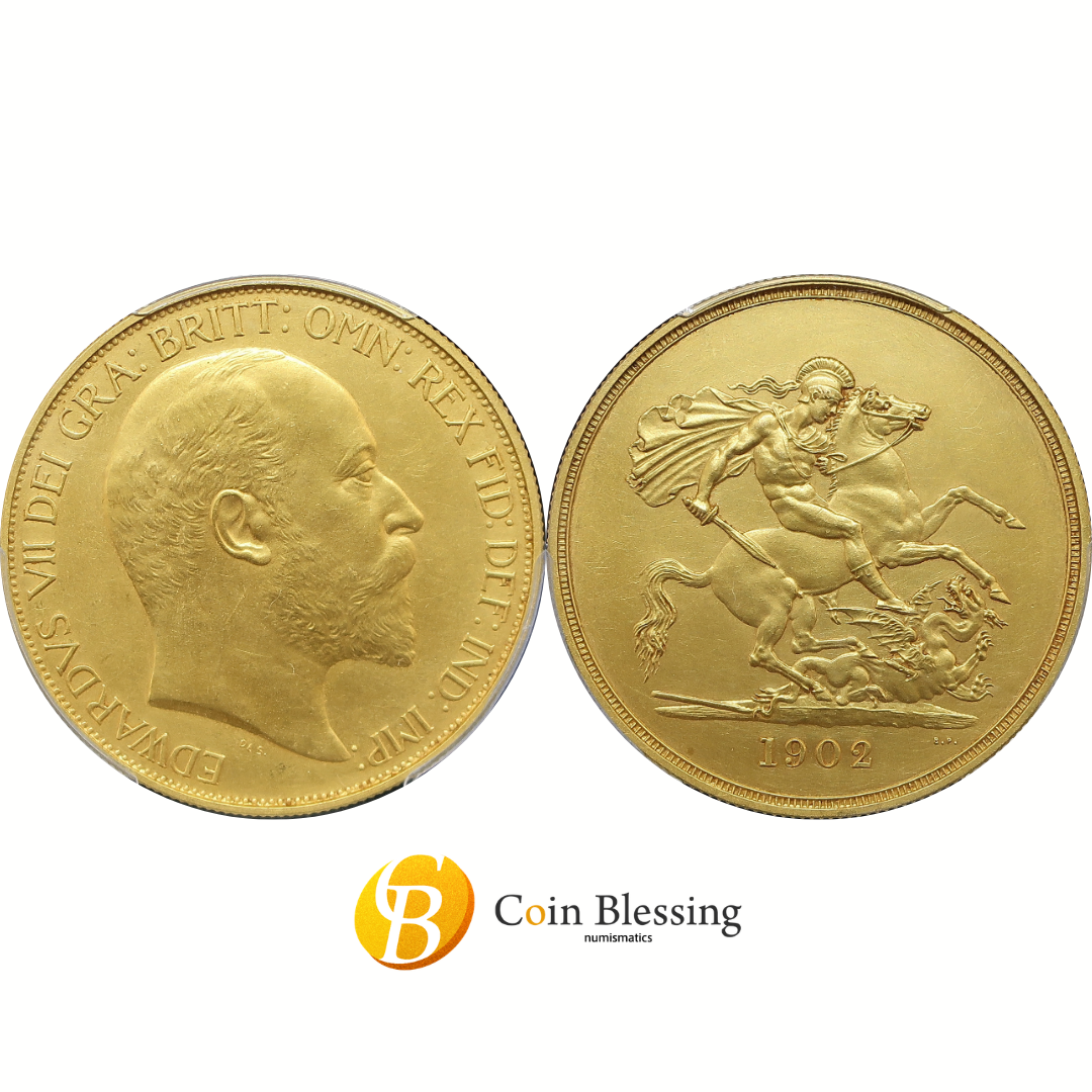 1902 イギリス 5ポンド金貨 エドワード7世 マット・プルーフ PCGS PR62 表裏並び