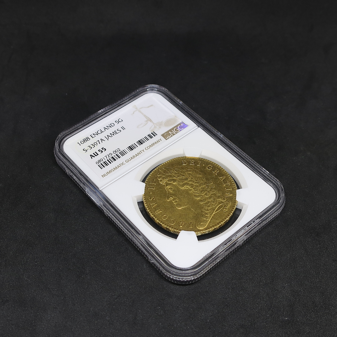 ジェームズ2世 5ギニー金貨 表面クローズアップ — 月桂冠の胸像と「IACOBVS II DEI GRATIA」銘文