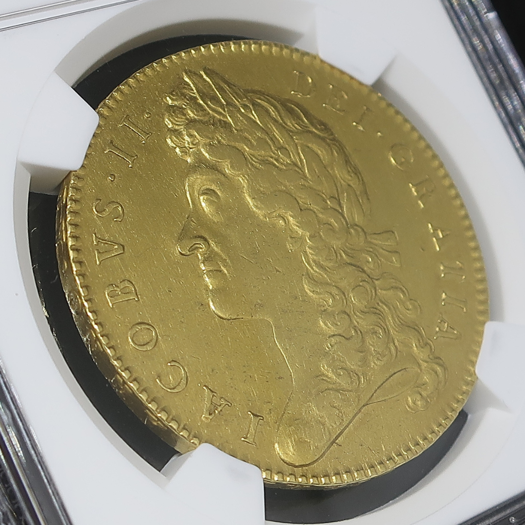 NGC スラブ全体（斜め・表面側）— 1688 ジェームズ2世 5ギニー金貨 AU55