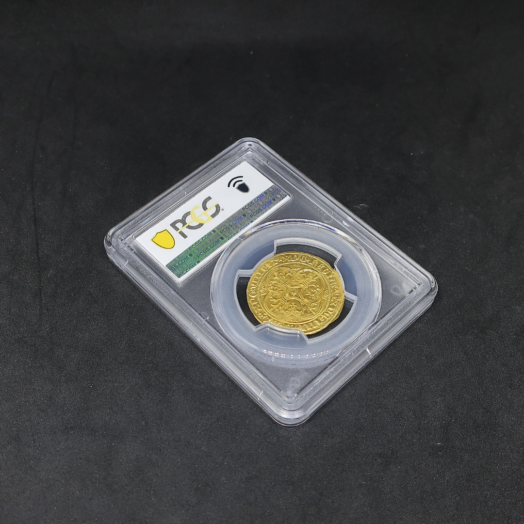 PCGS スラブ全体（斜め・裏面側）— ホログラム認証