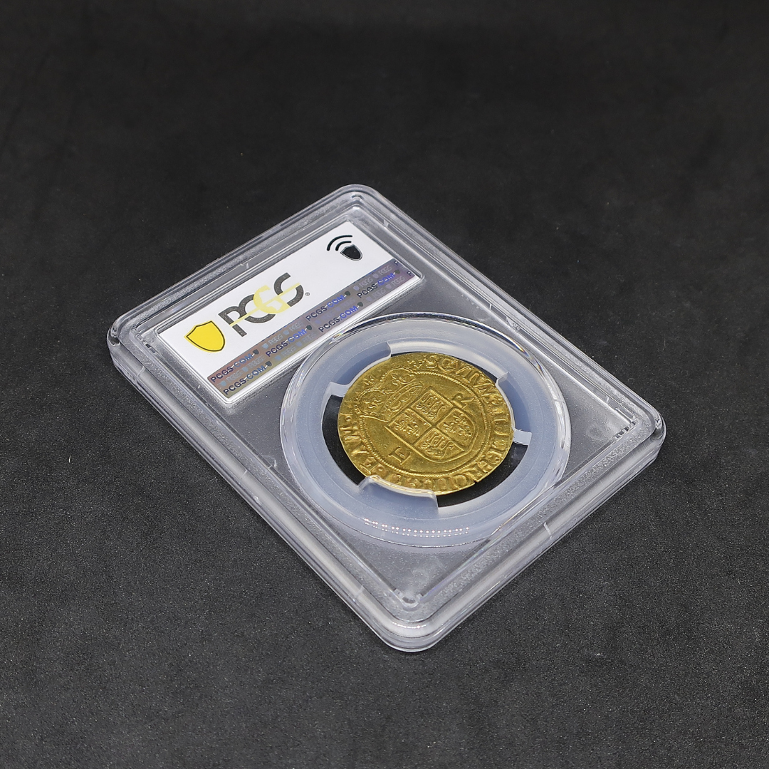 PCGS スラブ全体（斜め・裏面側）— Gold Shield ホログラム認証