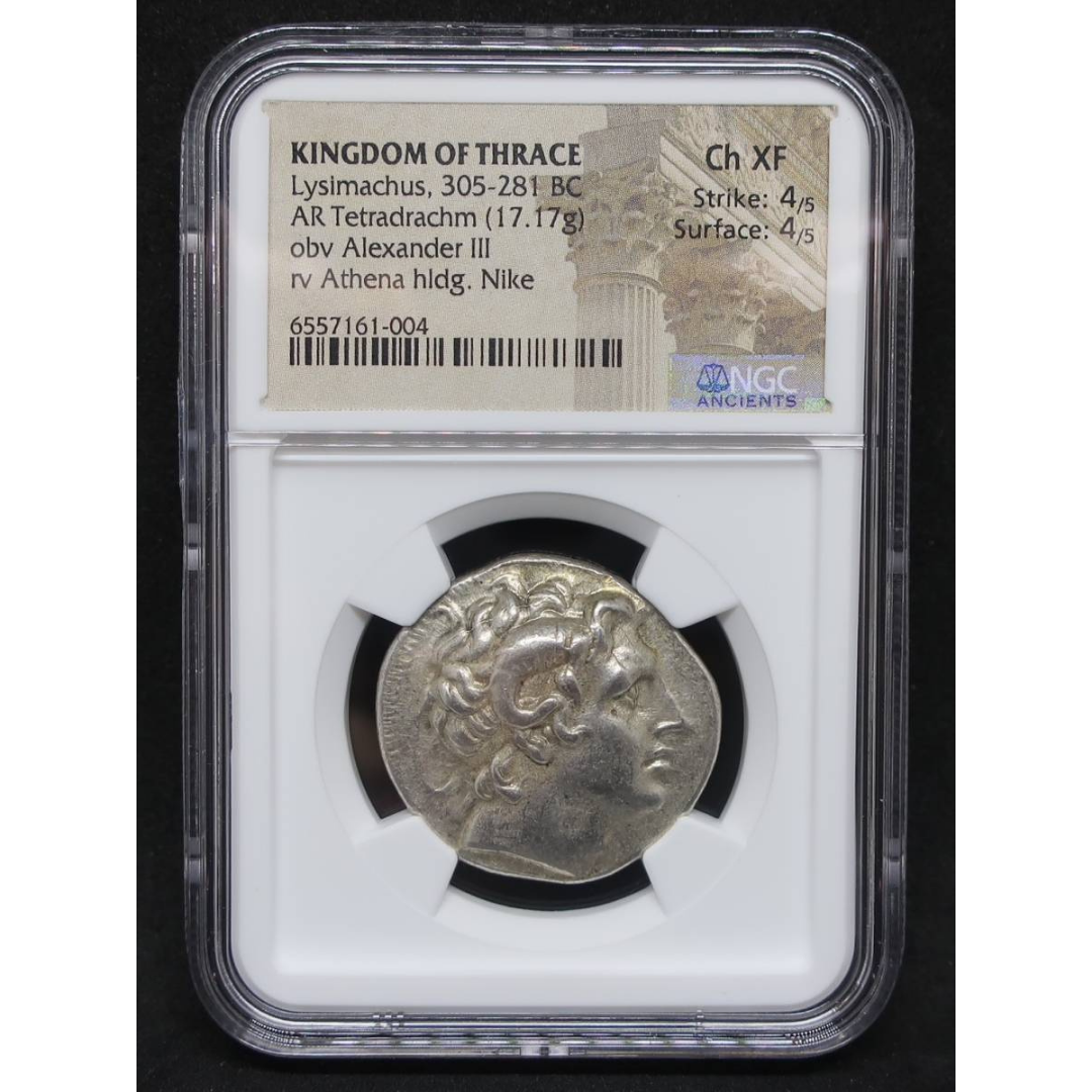 【古代トラキア王国】305-281 BC トラキア王国 テトラドラクマ銀貨 リシマコス王 ChXF 4/5-4/5 NGC