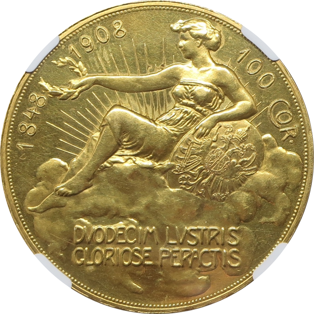 1908 オーストリア 100コロナ金貨 雲上の女神 フランツ・ヨーゼフ1世 60周年記念金貨 PF60 NGC - CoinBlessing(コインブレッシング)