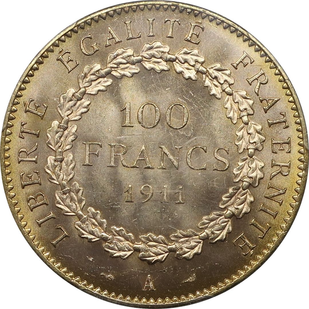 【幸運を運ぶ守護天使】1911A フランス 100フラン金貨 エンジェル金貨 MS64+ PCGS