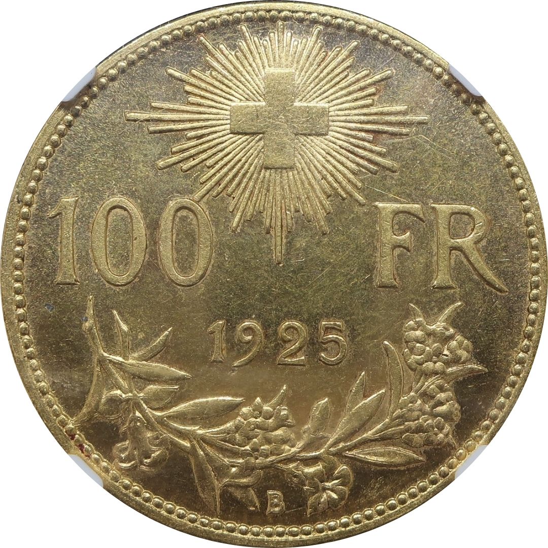 1925B スイス 100フラン金貨 ブレネリ MS63 NGC