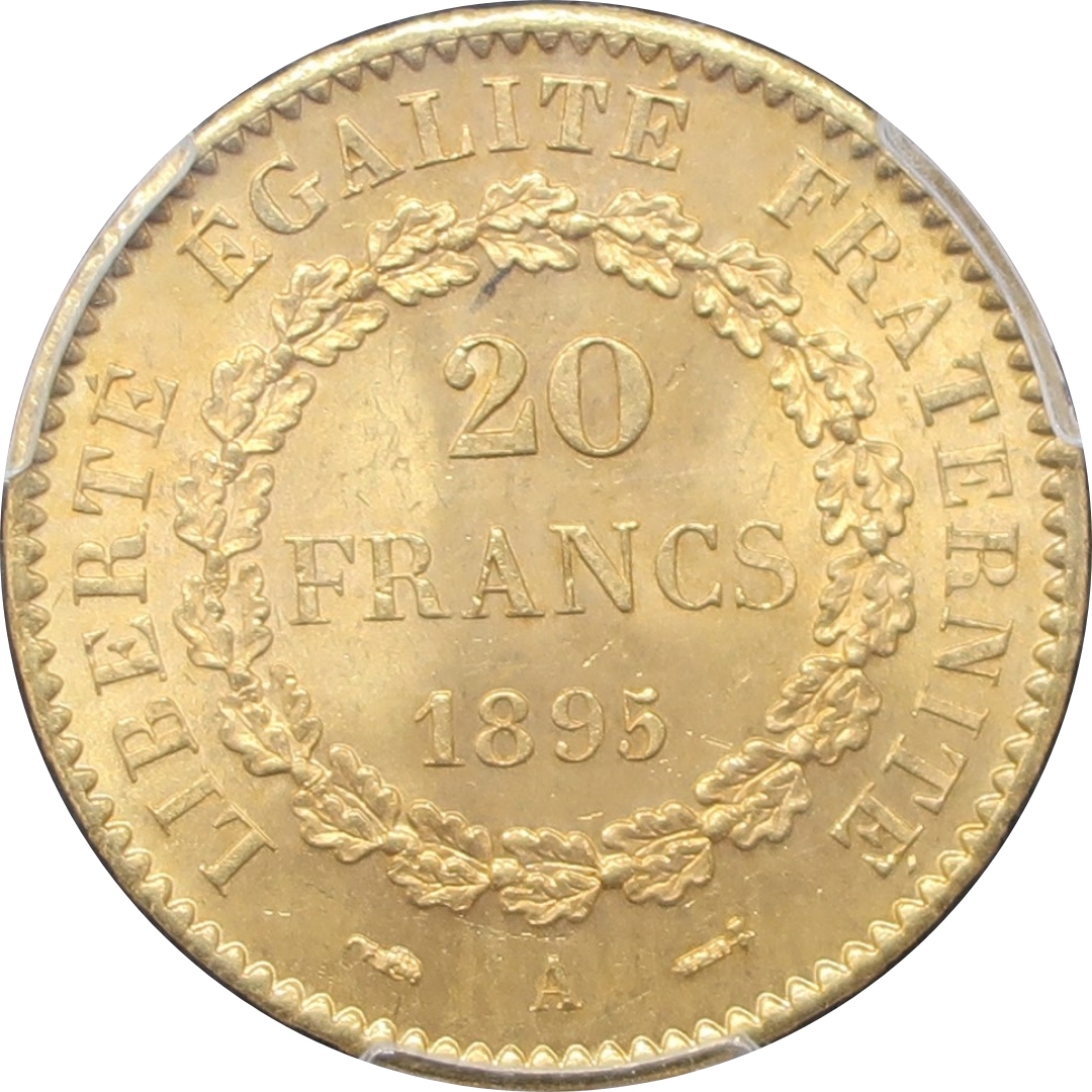 【幸運を運ぶ守護天使】1895A フランス 20フラン エンジェル金貨 MS65 PCGS