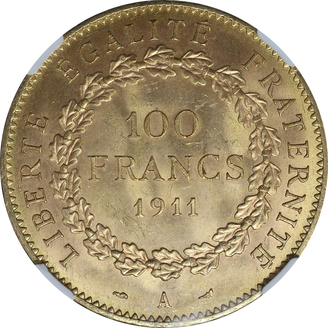 【幸運を運ぶ守護天使】1911A フランス 100フラン金貨 エンジェル金貨 MS63 NGC