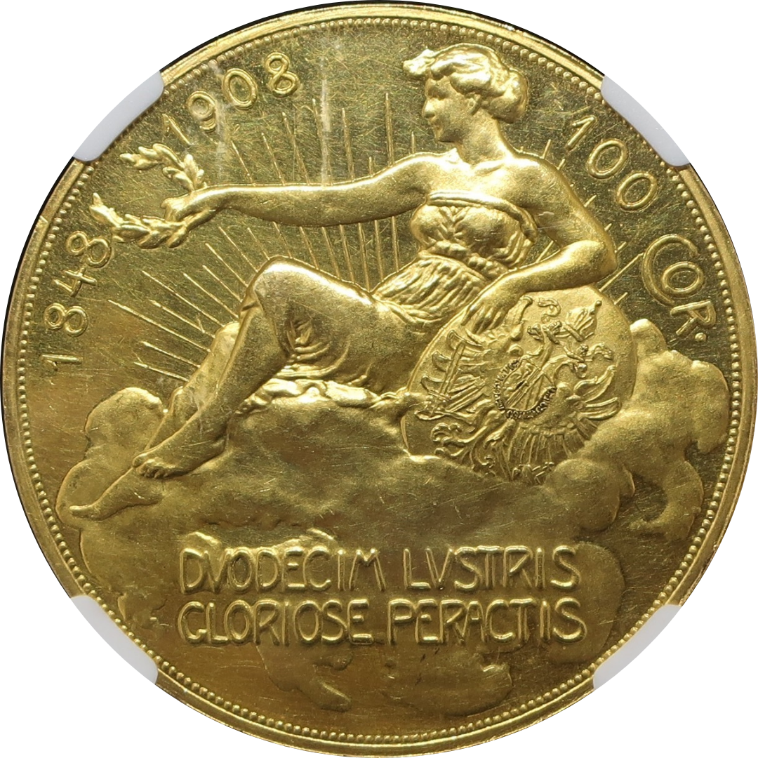 【60周年記念】1908 オーストリア 100コロナ金貨 雲上の女神 フランツ・ヨーゼフ1世 PF60 NGC