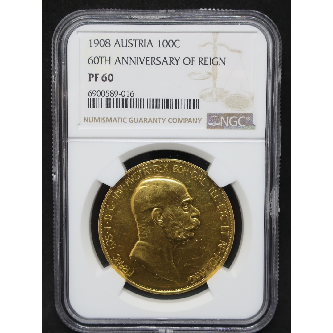 【60周年記念】1908 オーストリア 100コロナ金貨 雲上の女神 フランツ・ヨーゼフ1世 PF60 NGC