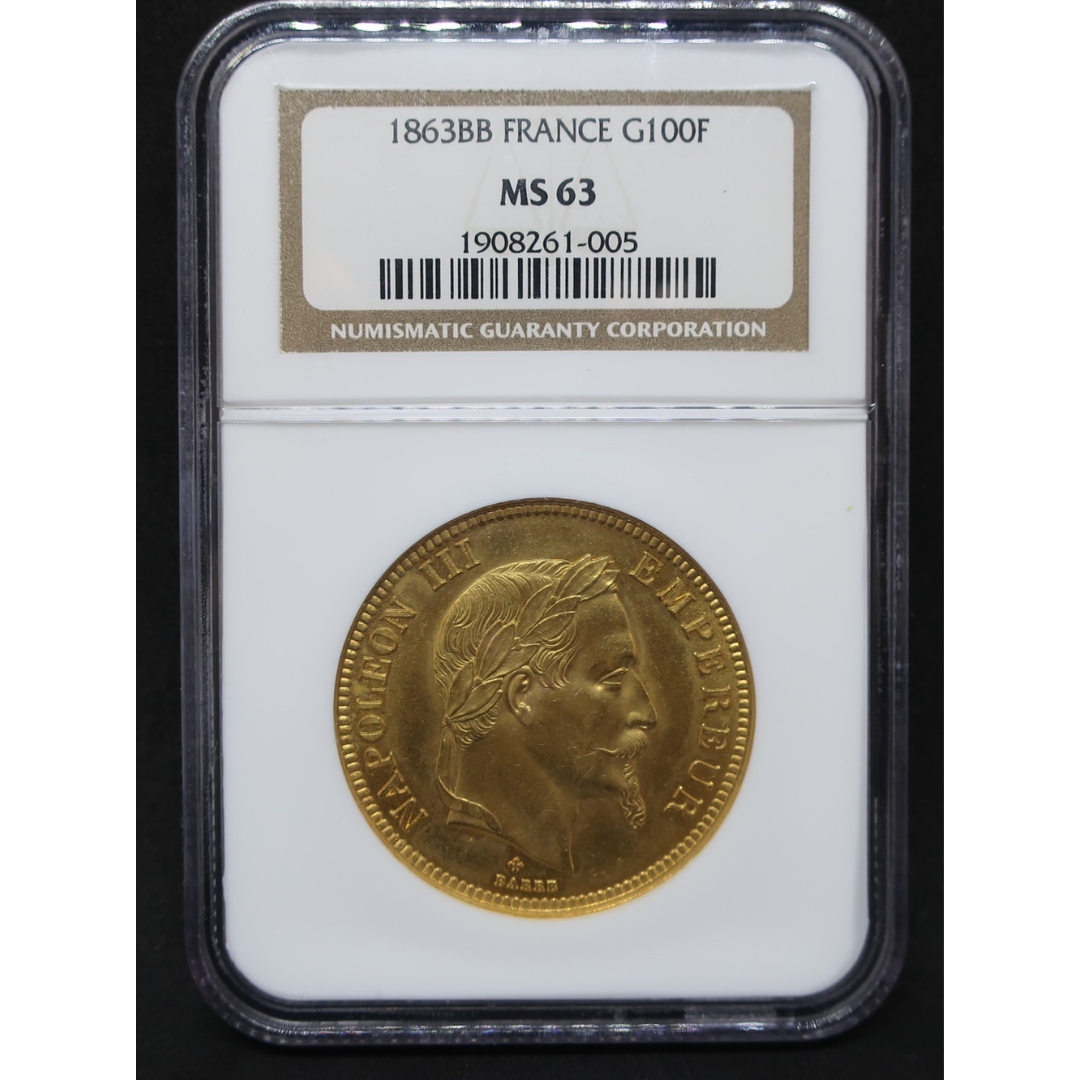 1863BB フランス 100フラン金貨 ナポレオン3世 MS63 NGC