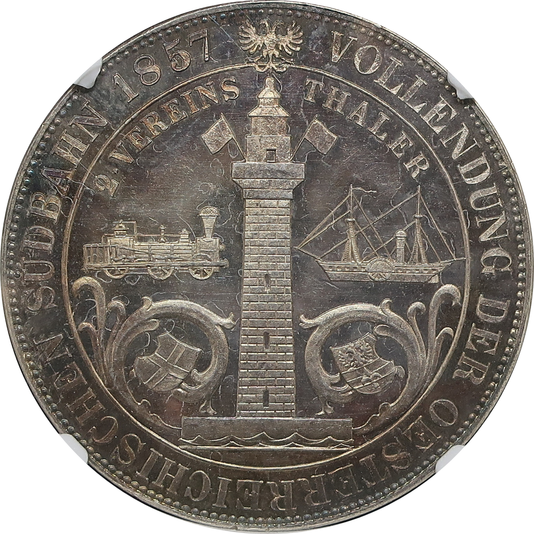 1857A オーストリア 2ターラー銀貨 ウィーン・トリエステ鉄道開通記念 PF63 + CAMEO NGC image1