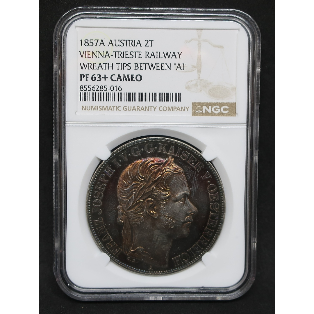 1857A オーストリア 2ターラー銀貨 ウィーン・トリエステ鉄道開通記念 PF63 + CAMEO NGC image4