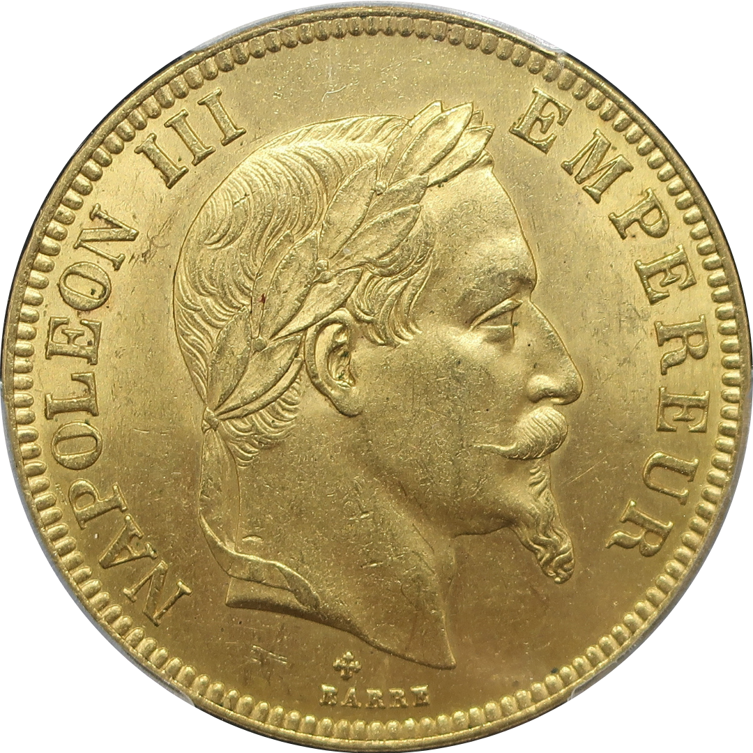 1869BB フランス 100フラン金貨 皇帝ナポレオン3世 MS63 PCGS鑑定済み