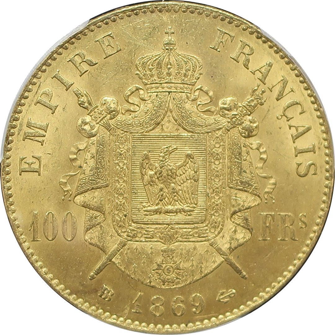 1869BB フランス 100フラン金貨 皇帝ナポレオン3世 MS63 PCGS image2