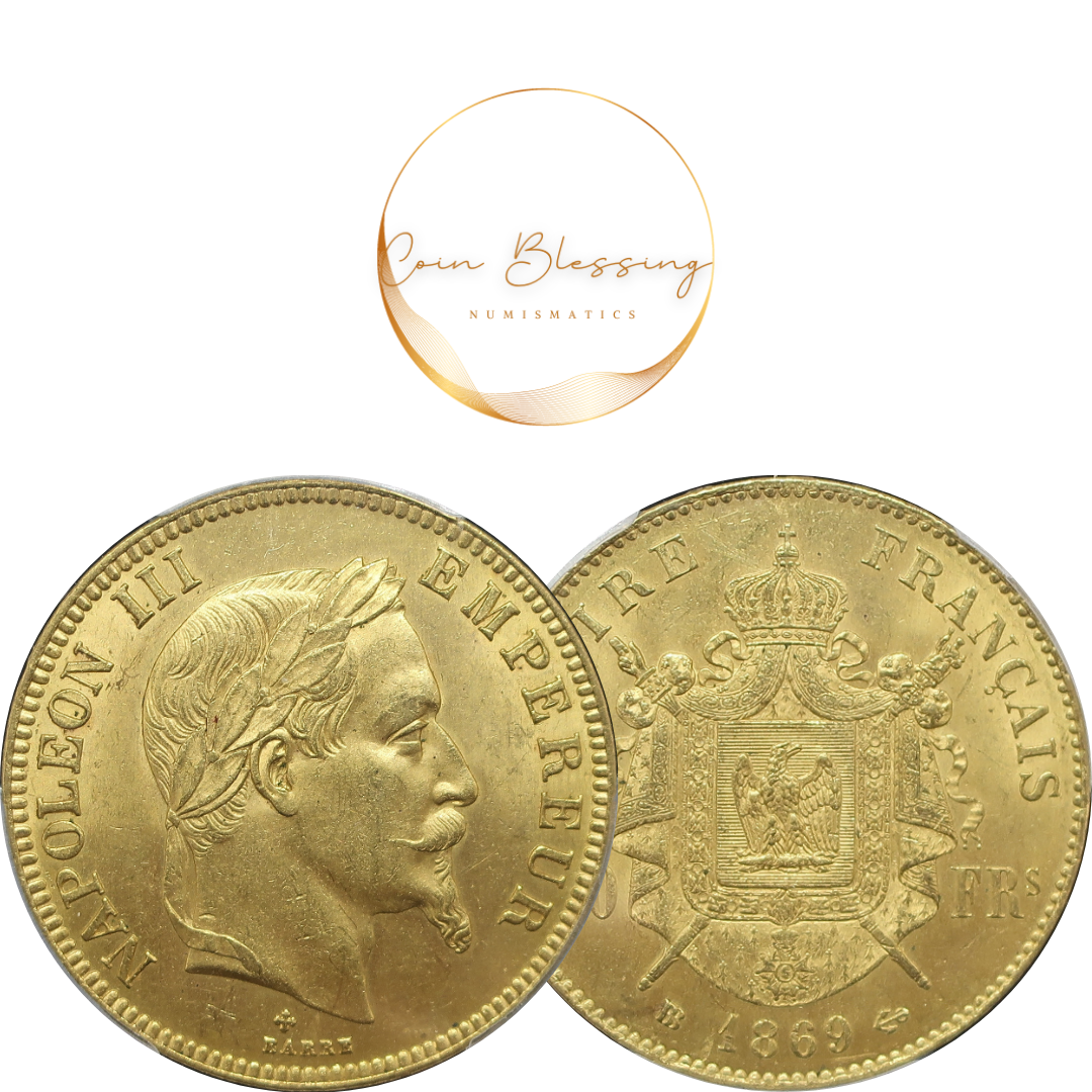 1869BB フランス 100フラン金貨 皇帝ナポレオン3世 MS63 PCGS image3