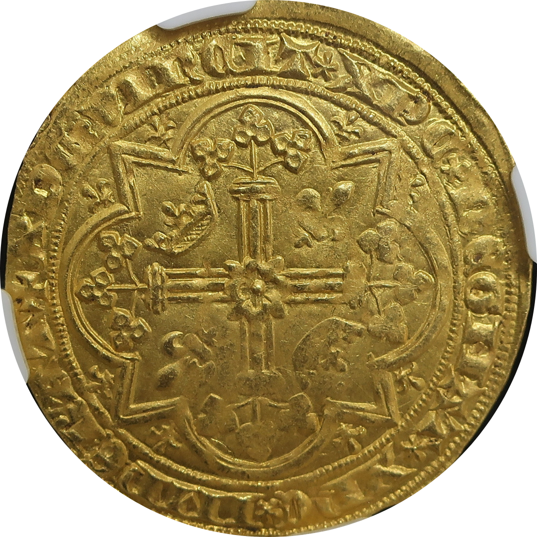 フランス フランカピエ金貨 裏面 花十字と百合紋章 百年戦争期の中世金貨