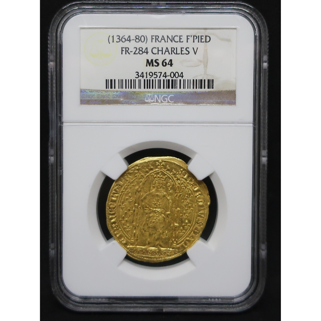 表スラブケースから見たフランカピエ金貨
シャルル5世 フランカピエ金貨 表面 王冠を戴く国王像の細部 ゴシック様式