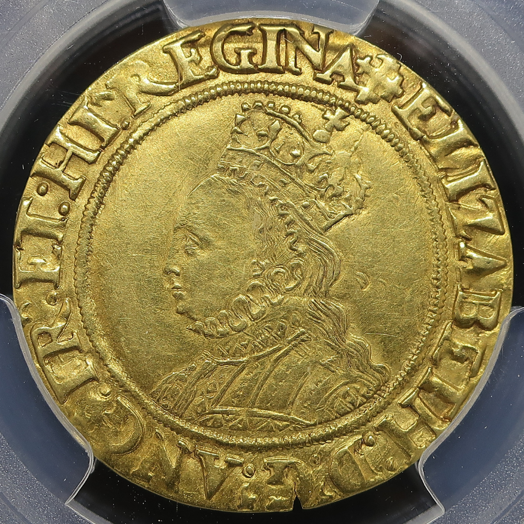 1560-61 イギリス エリザベス1世 ハーフポンド金貨 AU55 PCGS鑑定済み — 表面（無加工・戴冠胸像とラテン銘文）