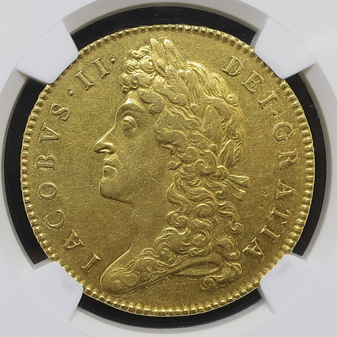 1688 イングランド ジェームズ2世 5ギニー金貨 AU55 NGC鑑定済み — 表面（無加工・月桂冠胸像とラテン銘文）
