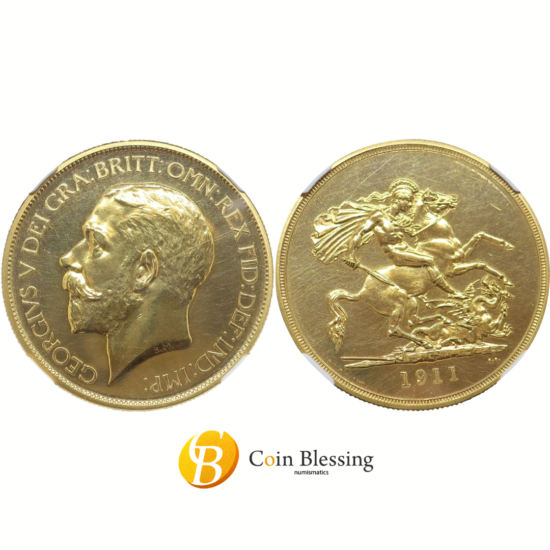 イギリス 1911 ジョージ5世 5ポンド金貨 PF62 表裏並び - CoinBlessing