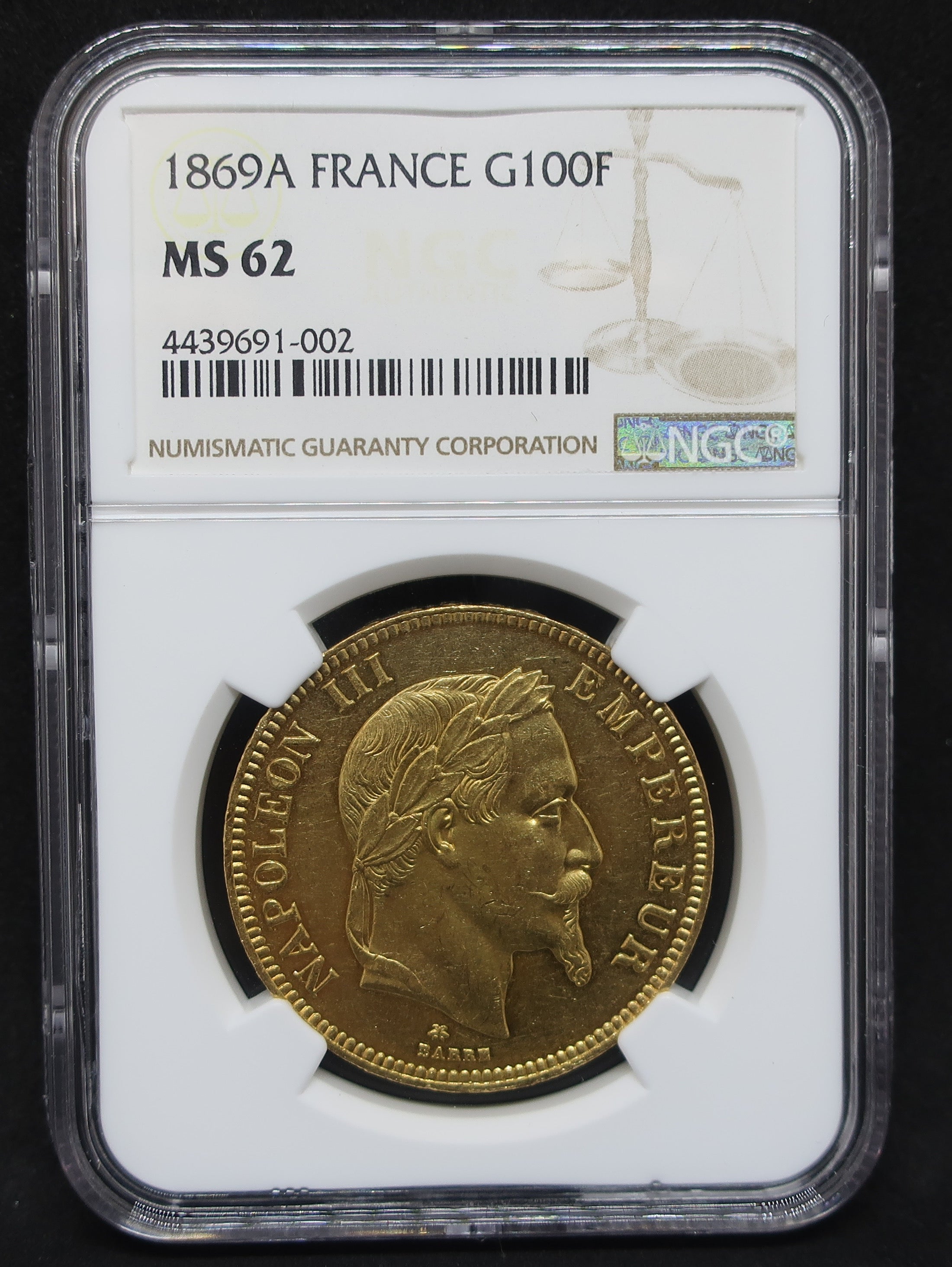 フランス・1869A・100フラン金貨・ナポレオンⅢ世 - 貨幣